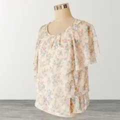 未使用級 グラシア 花柄 シフォンブラウス L 半袖 フリル フレア パステルのサムネイル