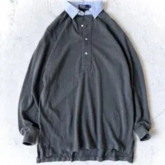 90s ポロバイラルフローレン M裾ポニー 襟切り替え 長袖 ポロシャツ グレー