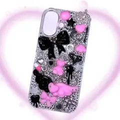 iPhone16 スマホケース ピンク 黒 地雷系　量産型　埋め尽くし　デコ電
