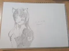 猫耳キャラクターの鉛筆画 A4サイズ