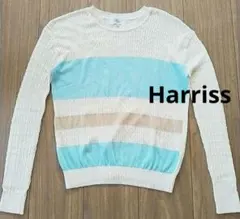 【美品】Harriss 春夏ニット 透かし編みボーダーニット レース編み柄のサムネイル