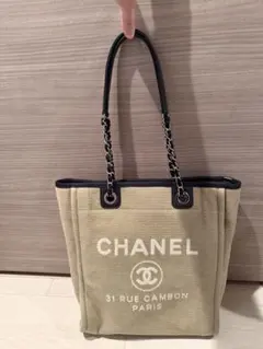 CHANEL トートバッグ ベージュ キャンバス ドーヴィルPM