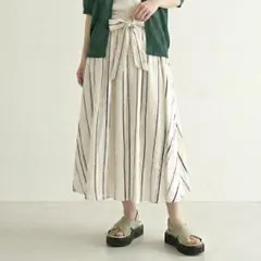 ミラオーウェン リネン100% ストライプマキシスカート ウエストリボン