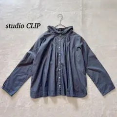 スタジオクリップ 【F】長袖シャツ　フリーサイズ　スタンドカラー　ネイビー　綿混