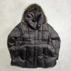 チェック柄 ダウンコート ジャケット M ファー付き ブラウン 上品シルエット