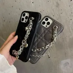 レザー iPhone13 ケース 2連 ハート ブラック キルティング 韓国