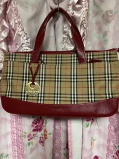 BURBERRY チェック柄ハンドバッグ ベージュ/レッド