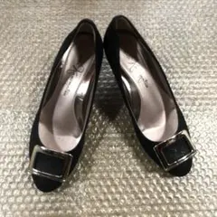 【美品】銀座カネマツ スクエア バックル パンプス ブラック レザー