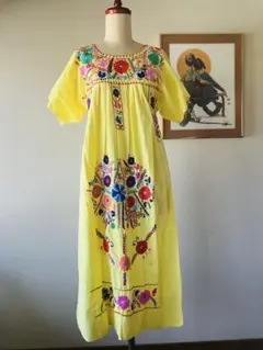 イエロー 花柄刺繍 半袖メキシカンワンピース