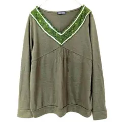 PLUG IKONS カーキ 長袖トップス ビジュー装飾 薄手ニット Vネック
