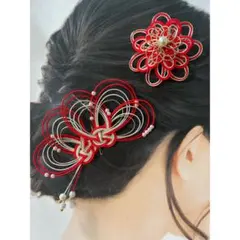 《セットでお得》和装　髪飾り　水引アクセサリー　2点セット 赤（紅色）×ゴールド