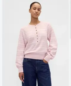 GAP ボーダー柄 ヘンリーネック 長袖ニット ピンク Sのサムネイル