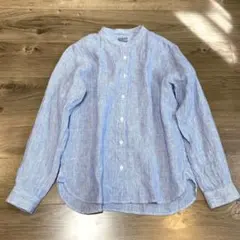 【美品】無印良品 麻100% バンドカラーストライプシャツ 水色 L リネン