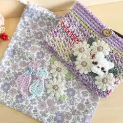 スマホポーチ＊サコッシュ スマホショルダー 巾着袋 ねこ猫 あみぐるみ