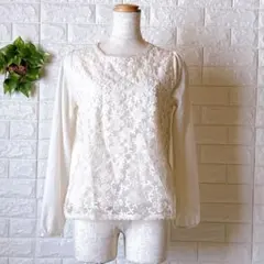 a1323 シーディーエスベーシック花柄総レースブラウスアイボリーMシフォン切替