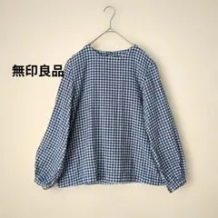 無印良品★ギンガムチェックブラウス　ガーゼコットン　ブルーL