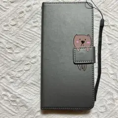 機種不明 手帳型スマホケース ウォンバット柄 グレー ストラップ付