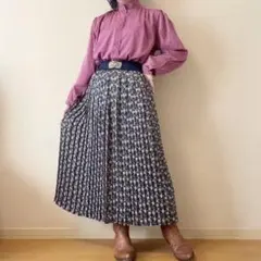 小花柄 総柄 ロング プリーツスカート 昭和レトロ ヴィンテージ 紺 古着女子