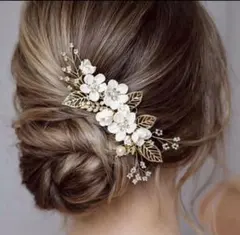 髪飾り　花　白　コーム　和装　パール　金　ヘアアレンジ　き13