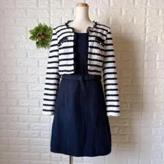 T070 巧玲瓏 ツイードジャケット&紺ワンピース ドッキングウール混M