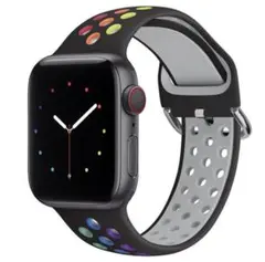 Apple Watch band シリコン 交換ベルト 黒/レインボーカラー