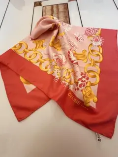 3308CELINE シルク100%大判スカーフ チェーン花柄貝柄