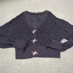 カーディガン、透かし編み、黒、リボン、キラキラ、ショート丈