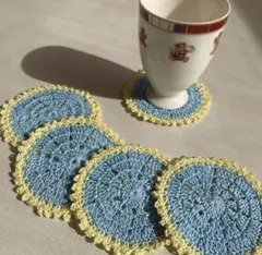 【ハンドメイド】かぎ針編みコースタードイリー 水色と黄色5枚セット