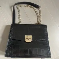 クロコダイル型押し ブラックショルダーバッグ