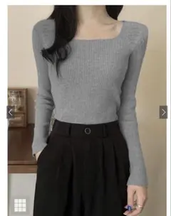 rut072 グレイル　スクエアネックリブニットトップス　グレー　Mサイズ