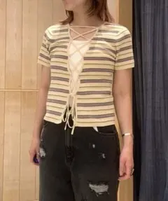 【試着のみ】Ray BEAMSマルチボーダーレースアップトップス 前後2way