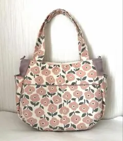 チューリップトートバッグ　ピンク　北欧調花柄　ハンドメイド　前ポケットあり