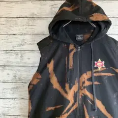 古着 リメイク パーカー ノースリーブ ジップアップ ブリーチ加工 黒 XL