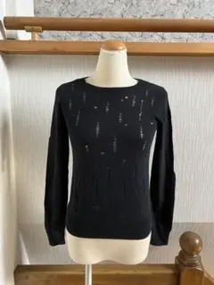 春★ユニクロCARINE ROITFELDカリーヌ黒ダメージニットセーターS★