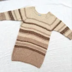 S　GU　ジーユー　ベージュ系ボーダー　8分袖ニット