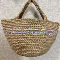 ハンドメイドかぎ針編み麻ひもマルシェバッグ　レインブルー×イエローライン