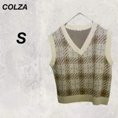 コルザ　ベスト　ニット　チェック　S　Ｖネック　アイボリー　ブラウン　ダイヤ柄