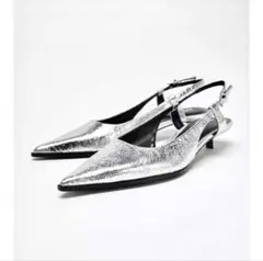 ZARA メタリック加工ヒールスリングバックシューズ　37サイズ　シルバー