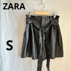 【ZARA】ザラ　フェイクレザーハイウエストショートパンツ ブラック リボン付き