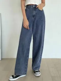 ダークブルー ハイウエスト ストレートデニム