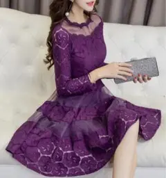 【新品】花柄 総レース ワンピース ドレス パーティー 結婚式 二次会 パープル