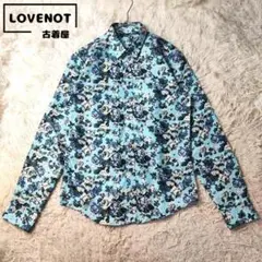 【美品　長袖シャツ　総柄　薔薇　ポリエステル　スカイブルー　M】