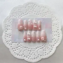 【6】ネイルチップ ピンク グラデーション 薔薇 リボン