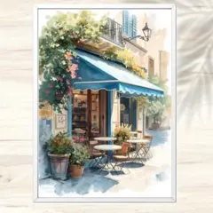 A4 南仏の青いテラスカフェ 花咲く午後の水彩風景画アート インテリアポスター