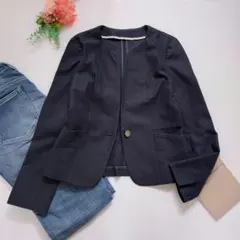 j245　J.PRESS　ノーカラー 1ボタンジャケット ネイビー 7号