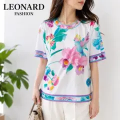 レオナール LEONARD 花柄 プリント カットソー トリム 半袖 日本製 L