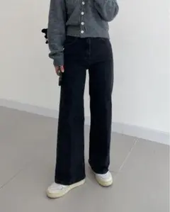韓国 低身長向け 黒 ワイドデニム グレー Sのサムネイル