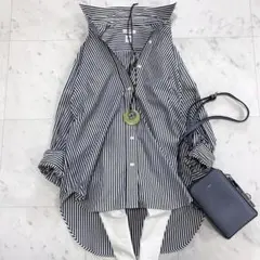 極美品✨レサージュ　THOMAS MASON ロングシャツ　ストライプ　黒×白