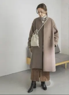 ベージュ ウール混合 ロングコート フリーサイズ
