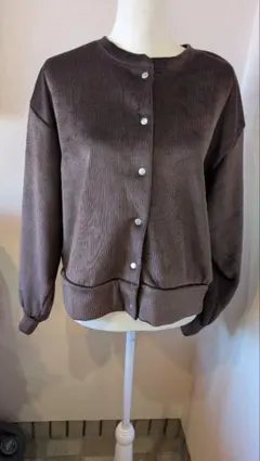 ブラウン コーデュロイ風 ノーカラージャンパー